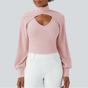 Halara Ribbed Knit High Neck Long Sleeve Cut Out 2-Piece Casual Sweater